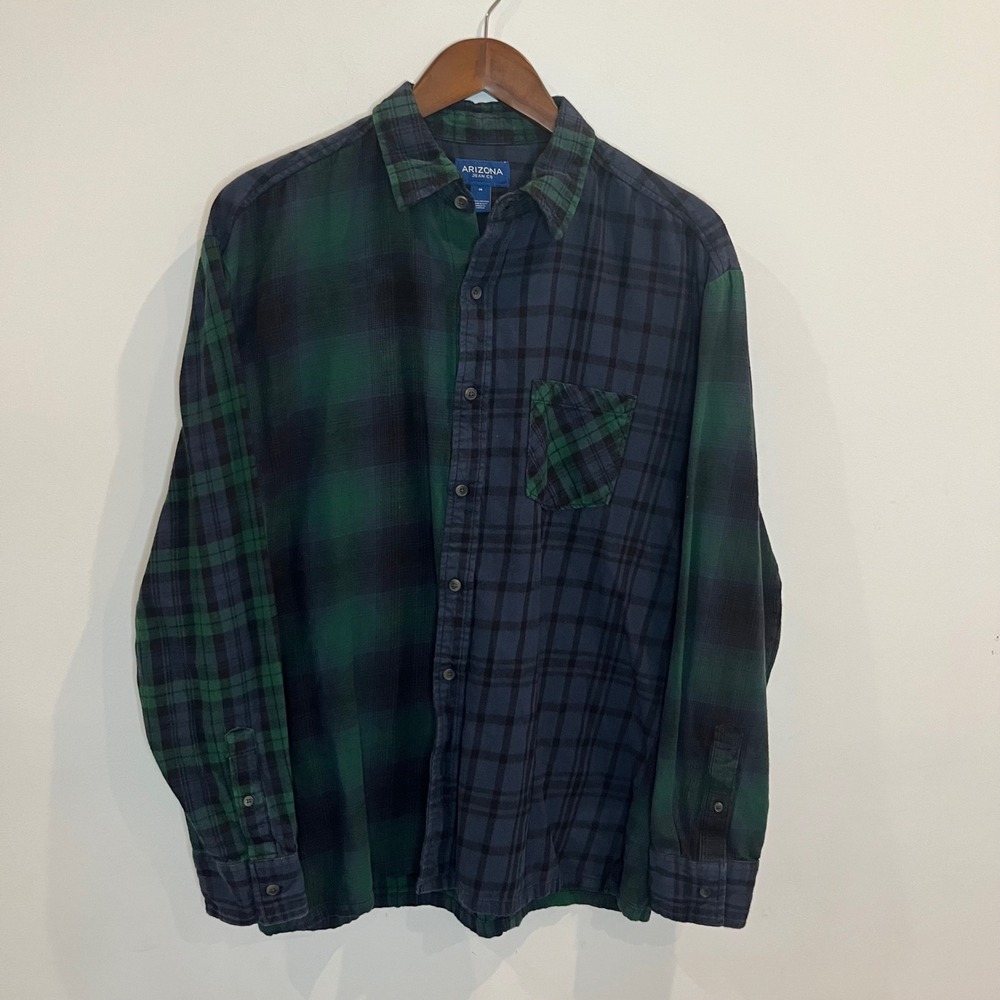 Arizona Jean Co Mens Medium Multi Plaid Patchwork Flannel Shirt Green Navy Blue